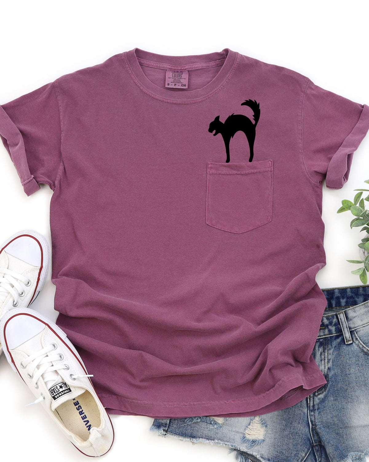Black Cat Halloween Spooky Witch Pocket Graphic Vintage Edition Pocket Tee Comfort Colors Tee
