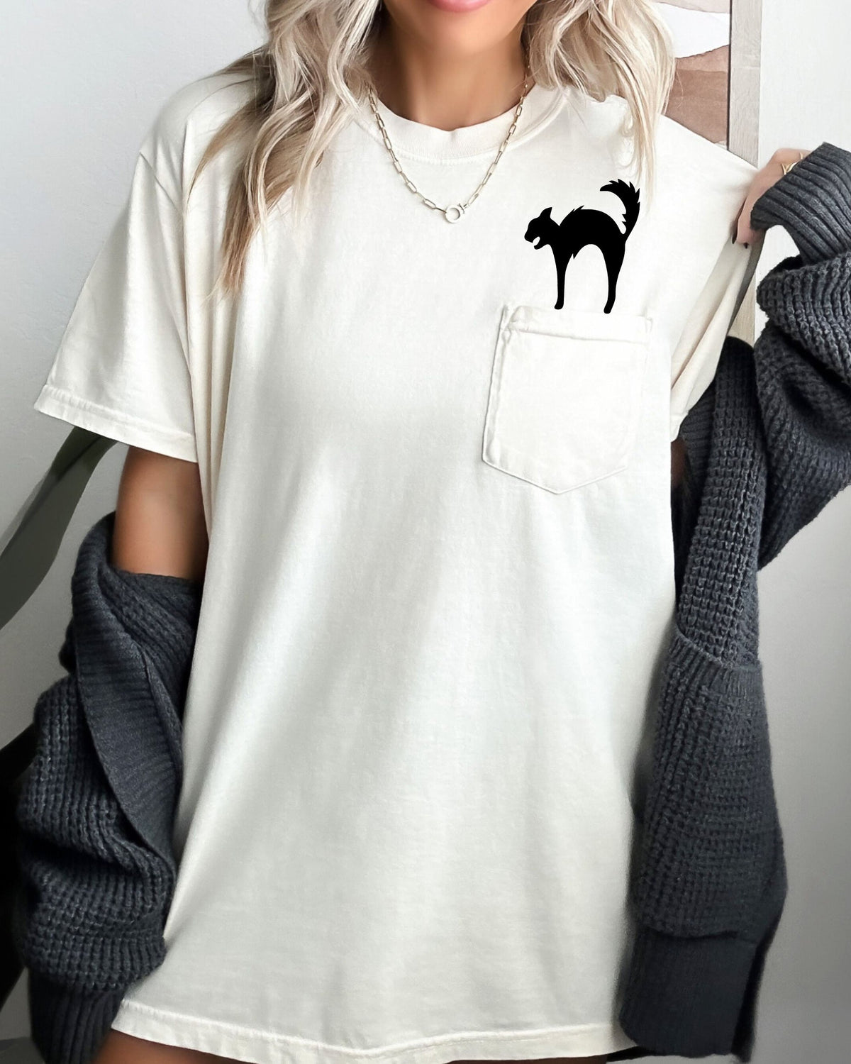 Black Cat Halloween Spooky Witch Pocket Graphic Vintage Edition Pocket Tee Comfort Colors Tee