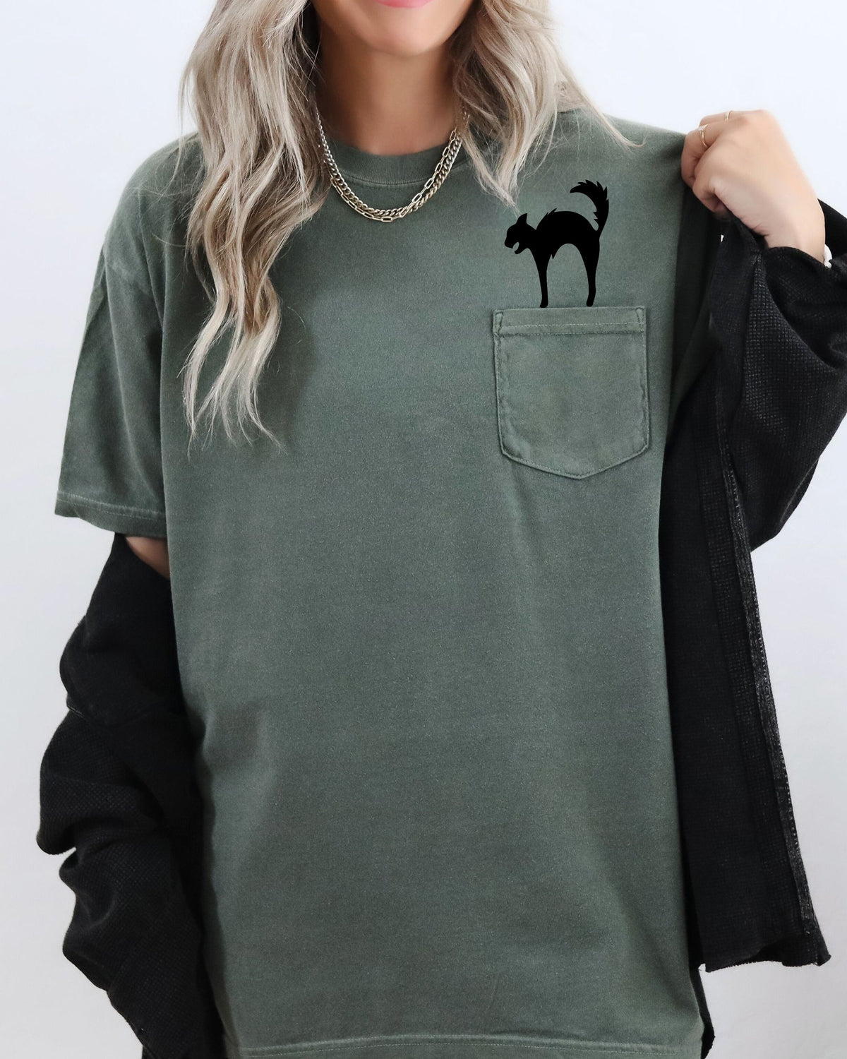 Black Cat Halloween Spooky Witch Pocket Graphic Vintage Edition Pocket Tee Comfort Colors Tee