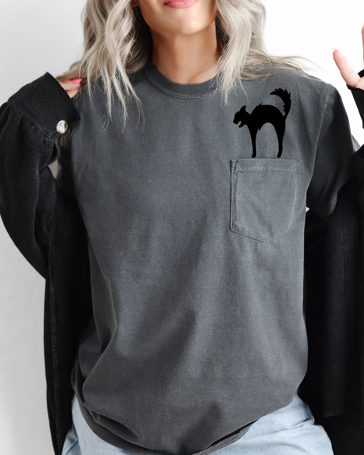 Black Cat Halloween Spooky Witch Pocket Graphic Vintage Edition Pocket Tee Comfort Colors Tee
