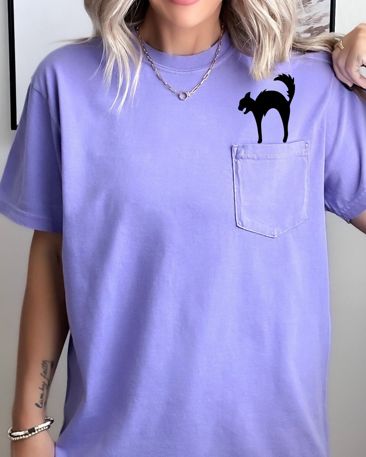 Black Cat Halloween Spooky Witch Pocket Graphic Vintage Edition Pocket Tee Comfort Colors Tee
