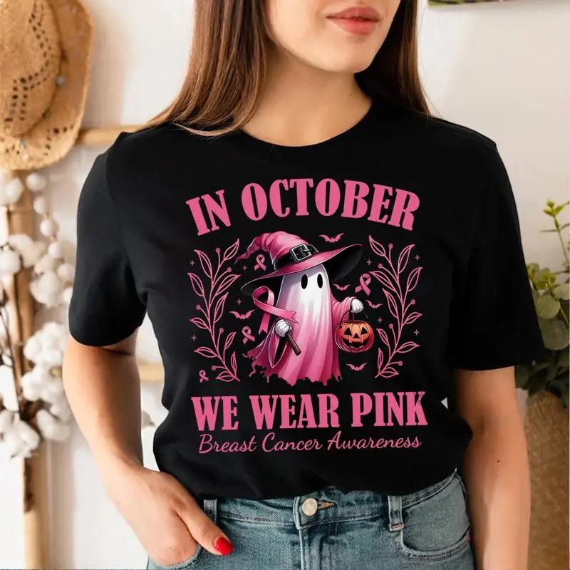 "In October We Wear Pink Ghost" Shirt – Halloween Breast Cancer Awareness Tee, Spooky Season Support Shirt